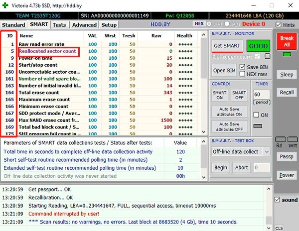 check the reallocated sector count