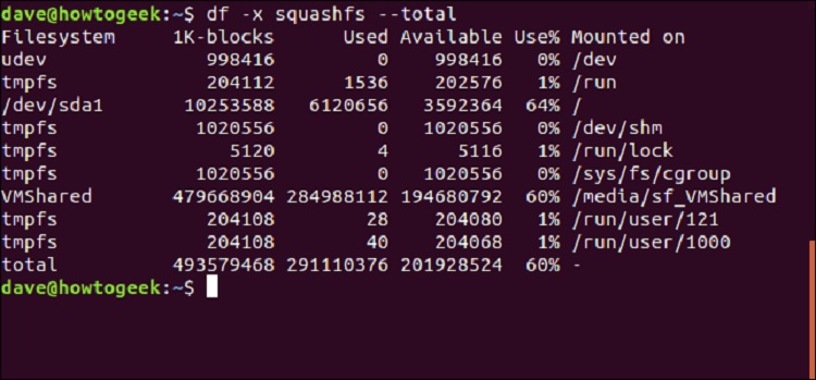 input df -x squashfs